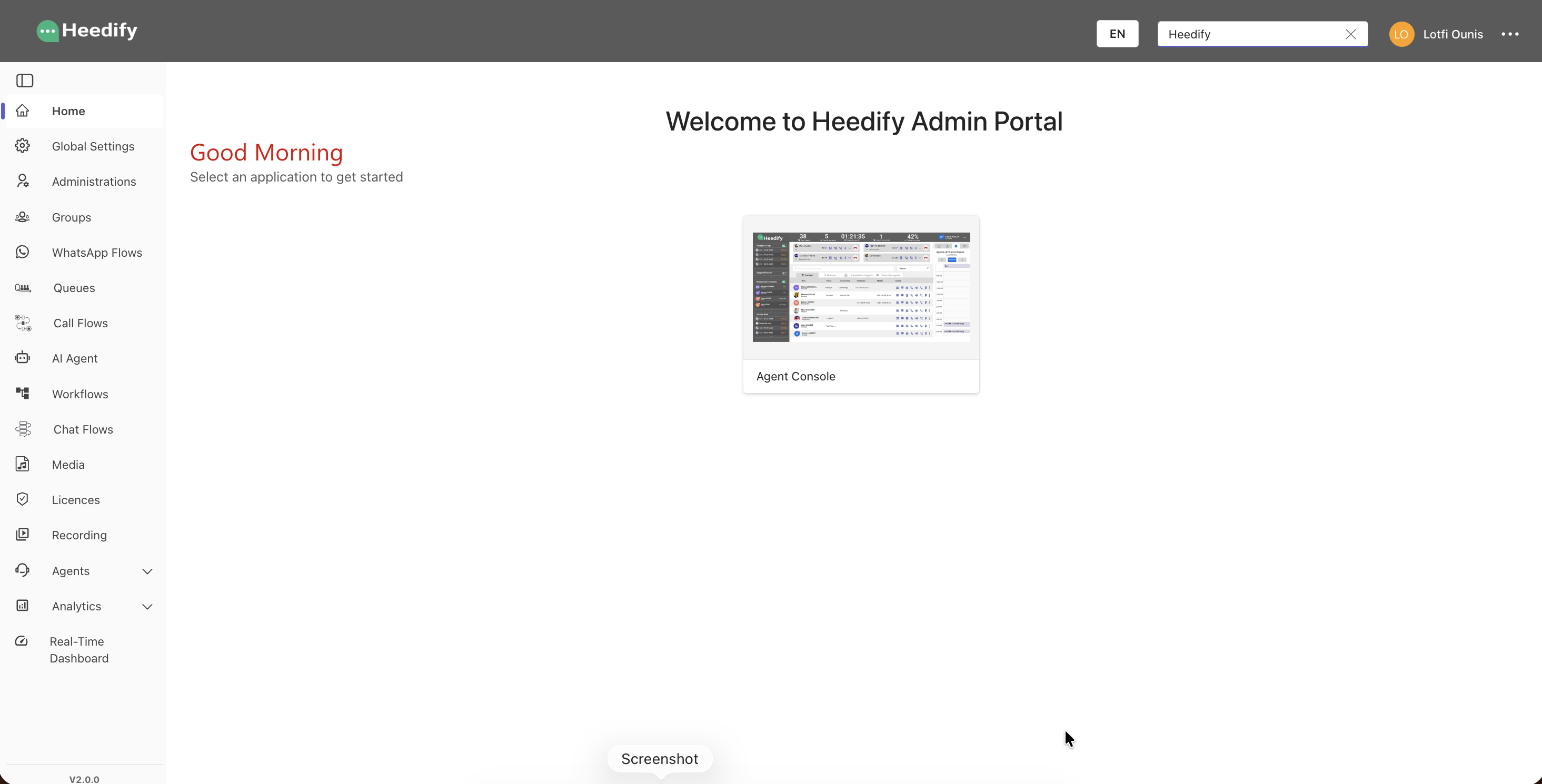 Heedify admin portal overview showing header, sidebar navigation and main module area