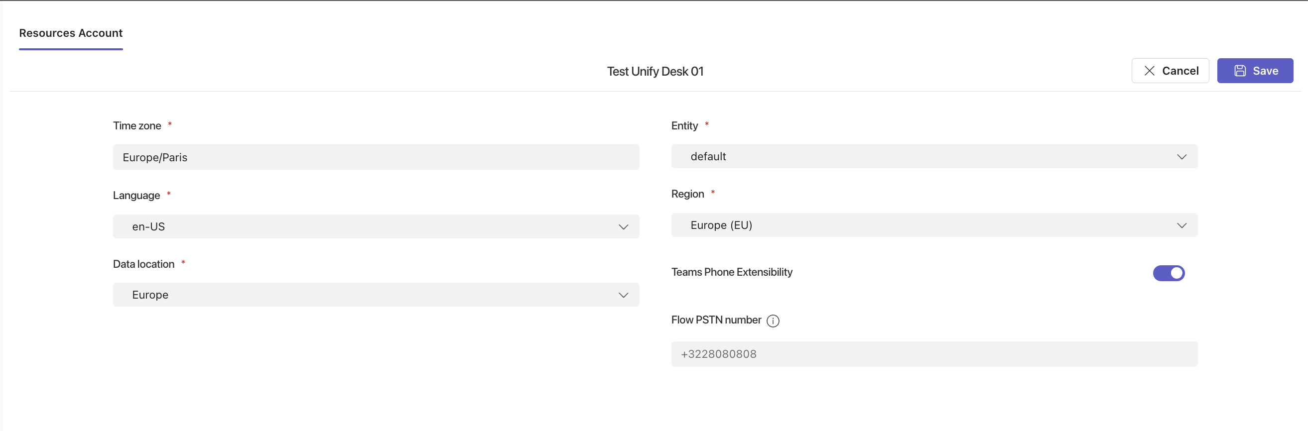 Heedify call flow Resources Account tab showing time zone, entity, language, region, data location and Teams Phone Extensibility fields