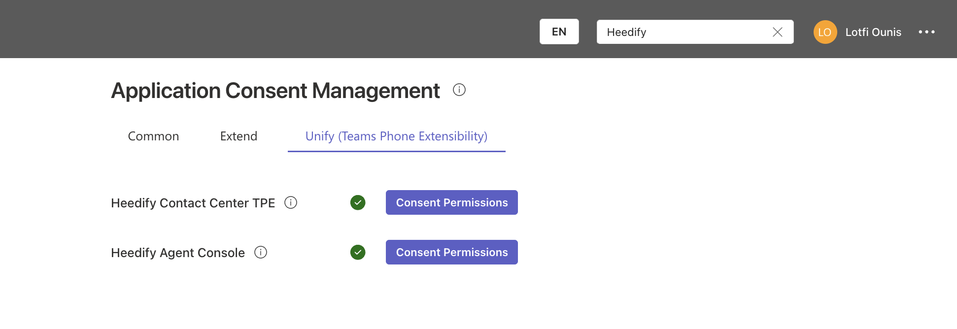 Heedify Global Settings page showing Application Consent Management with three pivot tabs